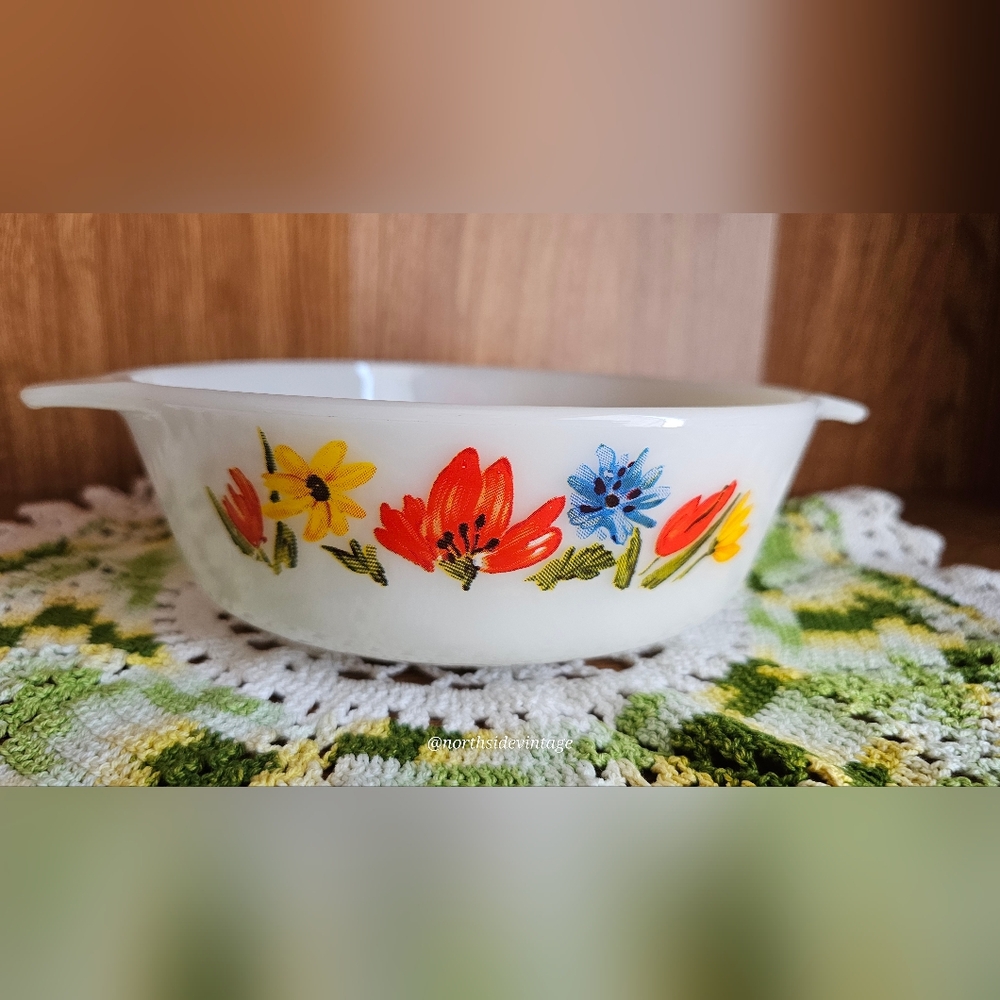 Vintage Glasbake White Milk Glass And Floral Casserole Dish